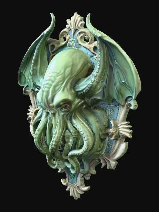 3D model for Generate a Cthulhu bust plaque. with one head and wings facing forward. Being a plaque the back would be flat. Place on a ornate plaque with the wings and tentacles protruding past the plaque