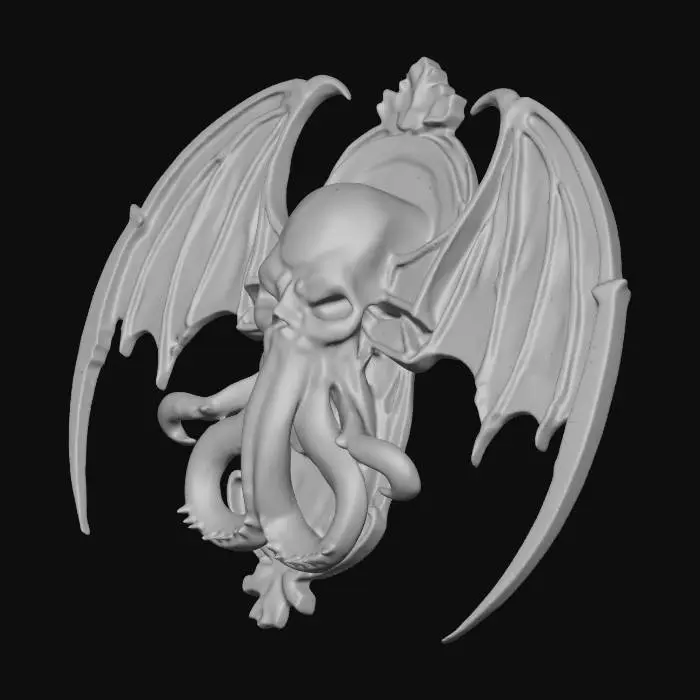 3D model for Generate a Cthulhu bust plaque. Being a plaque the back would be flat. Place on an ornate plaque with the wings and tentacles protruding past the plaque