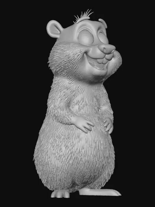 3D model for A 3D cartoon groundhog character, highly detailed fur texture with realistic shading and highlights, expressive facial features including wide eyes, open mouth showing teeth, raised eyebrows conveying fear/surprise, upright posture, brown fur with gradient tones (lighter on chest/belly), small rounded ears, short limbs with dark paws, clean white background, Pixar-style animation quality, smooth surfaces, soft lighting, high poly count for intricate details.