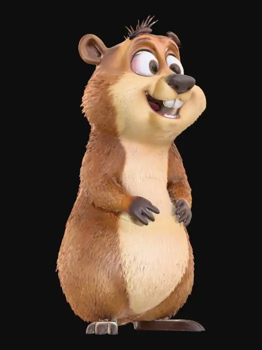 3D model for A 3D cartoon groundhog character, highly detailed fur texture with realistic shading and highlights, expressive facial features including wide eyes, open mouth showing teeth, raised eyebrows conveying fear/surprise, upright posture, brown fur with gradient tones (lighter on chest/belly), small rounded ears, short limbs with dark paws, clean white background, Pixar-style animation quality, smooth surfaces, soft lighting, high poly count for intricate details.