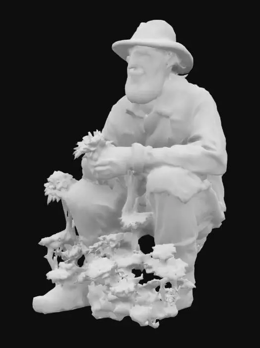 3D model for a tattered old dirty man wearing hunter clothes surrounding flowers and touching the most gorgeous flower while smiling