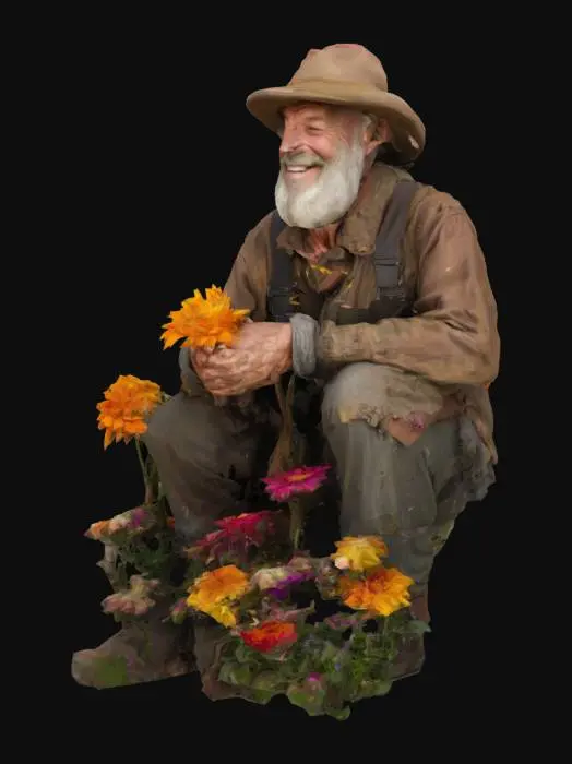 3D model for a tattered old dirty man wearing hunter clothes surrounding flowers and touching the most gorgeous flower while smiling