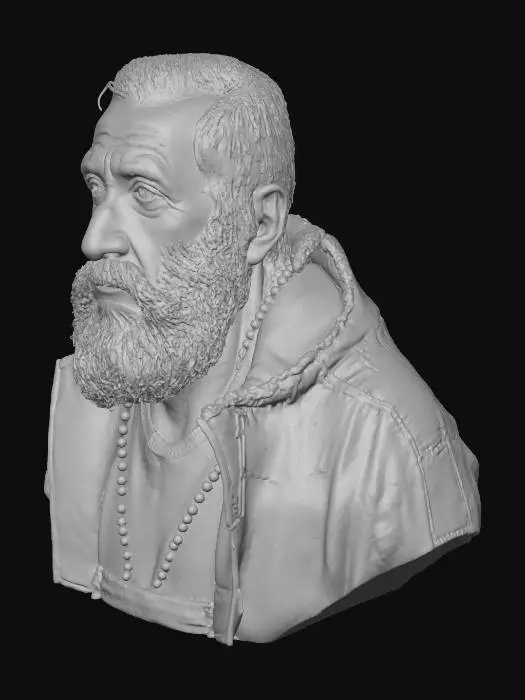 3D model for Wisdom in Portrait , head front face of homeless sad old male , big beard