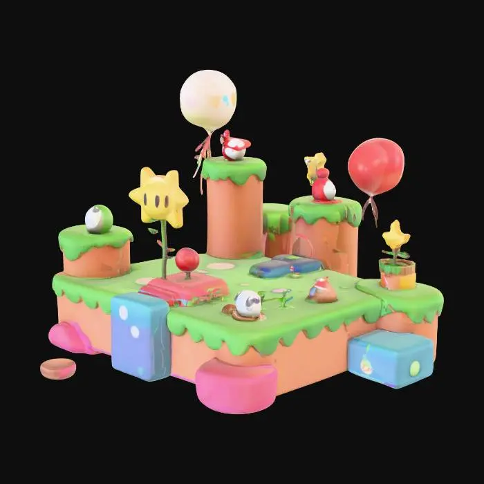 3D model for Colorful cartoon 3D platformer map,
Super Mario Odyssey inspired level design,
floating platforms, pipes, ramps, and small hills,
smooth rounded geometry,
toy-like proportions,
bright lighting,
simple shapes,
fantasy cartoon world,
optimized for a video game environment,
no characters