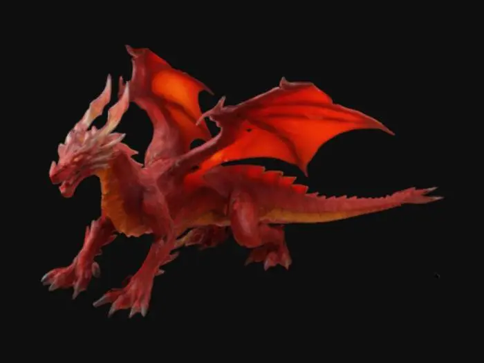 3D model for alev kırmızısı renginde, devasa boyutta, korkutucu ve fütüristik yapıda, büyük kanatları ve 4 ayağı olan bir ejderha oluşturur musun 