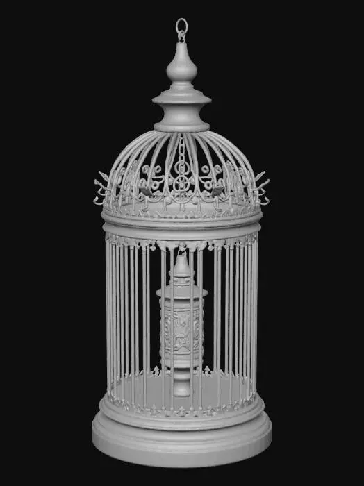 3D model for “A highly detailed gothic-style birdcage crafted from black wrought iron, containing a captive glowing silver crescent Moon. From the upper curve of the Moon, an old night lantern hangs downward, emitting a dim bluish-white light. The atmosphere is dark, foggy, melancholic; with faint smoky shadows in the background and strong contrast lighting. Intricate metal textures, dramatic shadows, high detail, high resolution, mystical and magical gothic aesthetic.”