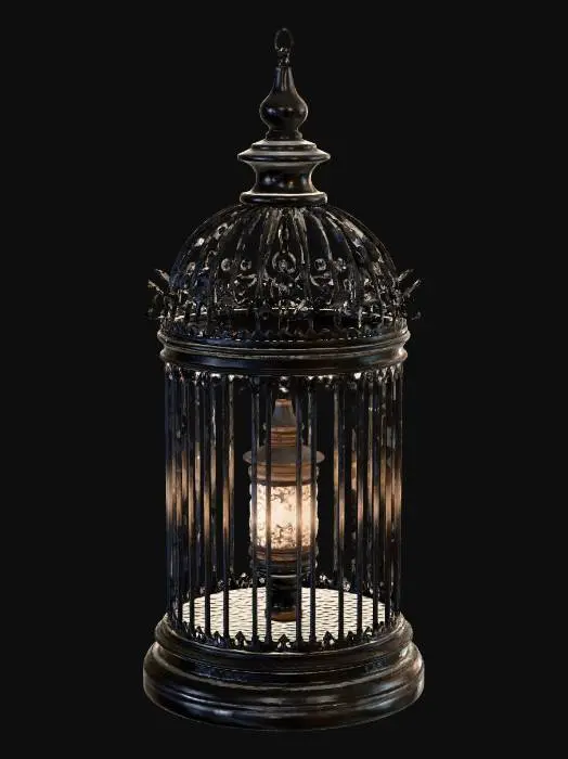 3D model for “A highly detailed gothic-style birdcage crafted from black wrought iron, containing a captive glowing silver crescent Moon. From the upper curve of the Moon, an old night lantern hangs downward, emitting a dim bluish-white light. The atmosphere is dark, foggy, melancholic; with faint smoky shadows in the background and strong contrast lighting. Intricate metal textures, dramatic shadows, high detail, high resolution, mystical and magical gothic aesthetic.”