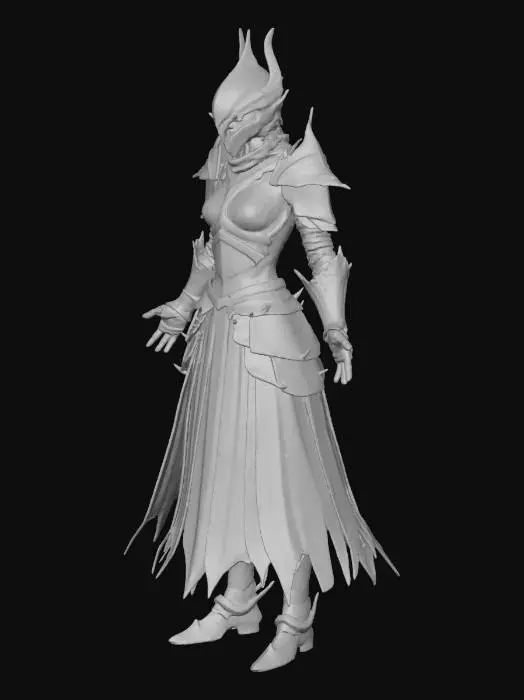 3D model for • head: short layered hair, medium volume, side-parted, hair ends slightly curled inward.  
• face: smooth stylized anime proportions, large eye sockets, small nose bridge, slender jawline.

• torso: fitted armored chest plate with two separated upper cups, central vertical plate on the sternum area, lower front armor piece forming a V shape on the abdomen.  
• shoulder armor: angular, leaf-like spike shapes pointing outward, symmetrical on both sides.  
• upper arms: bare geometry, smooth cylindrical form.

• forearm armor: long gauntlets extending from wrist to elbow, segmented structure, mild curvature following the arm.  
• hands: simplified stylized proportions.

• lower torso: short pleated skirt composed of multiple evenly spaced vertical plates, flaring outward lightly.