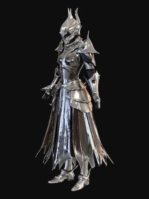 3D model for • head: short layered hair, medium volume, side-parted, hair ends slightly curled inward.  
• face: smooth stylized anime proportions, large eye sockets, small nose bridge, slender jawline.

• torso: fitted armored chest plate with two separated upper cups, central vertical plate on the sternum area, lower front armor piece forming a V shape on the abdomen.  
• shoulder armor: angular, leaf-like spike shapes pointing outward, symmetrical on both sides.  
• upper arms: bare geometry, smooth cylindrical form.

• forearm armor: long gauntlets extending from wrist to elbow, segmented structure, mild curvature following the arm.  
• hands: simplified stylized proportions.

• lower torso: short pleated skirt composed of multiple evenly spaced vertical plates, flaring outward lightly.