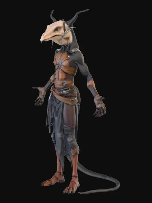 3D model for 3D model of a three-eyed demon warrior, male humanoid with reptilian features, clay render, untextured, monochrome. Geometry details: intricate organic sculpting, athletic muscular anatomy, defined abs, downward curved horns on head, third vertical eye on forehead. Accessories: wearing large spherical prayer beads necklace, ornate forearm bracers with relief pattern. Clothing: wearing a long pleated hakama skirt with tattered ragged hem, wide waist belt, cloth folds simulation. Appendages: long thick reptilian tail extending from back, sharp claws on hands and feet. Style: High fidelity, ZBrush sculpt style, ambient occlusion, volumetric lighting, clear silhouette, T-pose or A-pose for rigging.