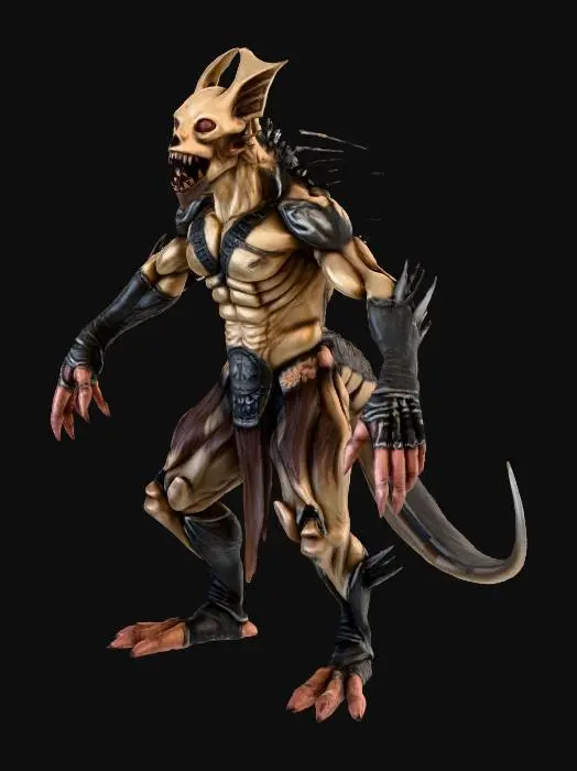 3D model for 3D model of a three-eyed demon warrior, male humanoid with reptilian features, clay render, untextured, monochrome. Geometry details: intricate organic sculpting, athletic muscular anatomy, defined abs, downward curved horns on head, third vertical eye on forehead. Accessories: wearing large spherical prayer beads necklace, ornate forearm bracers with relief pattern. Clothing: wearing a long pleated hakama skirt with tattered ragged hem, wide waist belt, cloth folds simulation. Appendages: long thick reptilian tail extending from back, sharp claws on hands and feet. Style: High fidelity, ZBrush sculpt style, ambient occlusion, volumetric lighting, clear silhouette, T-pose or A-pose for rigging.