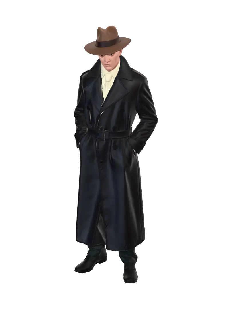 male detective in a long trench coat, broad square shoulders tapering to a narrow… - Rigging 3D model, vytvořený pomocí AI