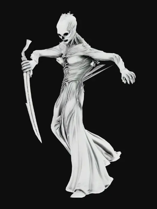3D model for a humanoid creature with eyes on its chest, and arms. its eyes on its head are missing, leaving hollow sockets. The creature has large, sharp teeth. It has an ethereal and mystic look about it. It has no emotion in its face, just a sense of waiting in it. It stands very proudly, as if it is guarding something. One arm is much longer than the other, and comes to a point rathe rthan a hand, like a blade for an arm This arm is long and sharp with no real hand. It looks dangerous, as if it is an ancient evil waiting for you to attack. the eyes embedded in its chest peer outward—too many, layered and uneven.