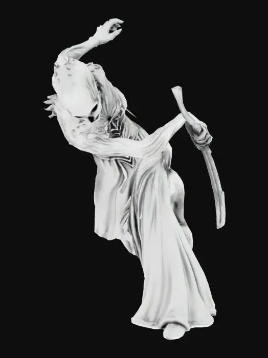 3D model for a humanoid creature with eyes on its chest, and arms. its eyes on its head are missing, leaving hollow sockets. The creature has large, sharp teeth. It has an ethereal and mystic look about it. It has no emotion in its face, just a sense of waiting in it. It stands very proudly, as if it is guarding something. One arm is much longer than the other, and comes to a point rathe rthan a hand, like a blade for an arm This arm is long and sharp with no real hand. It looks dangerous, as if it is an ancient evil waiting for you to attack. the eyes embedded in its chest peer outward—too many, layered and uneven.