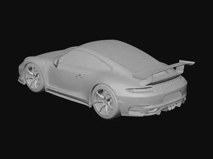 3D model for Ultra-detailed realistic 2023 Porsche 911 GT3 sports car, glossy racing red paint, aerodynamic body kit, large fixed rear wing, aggressive front bumper with air intakes, carbon fiber diffuser, LED headlights, low stance, wide tires, black forged rims, high detail brake calipers, realistic proportions, photorealistic materials, sharp panel gaps, smooth curved surfaces, detailed interior visible through glass, studio lighting, clean topology, optimized geometry, game-ready, PBR textures, high quality reflections, realistic shadows, symmetrical design, no background, centered object, high detail model