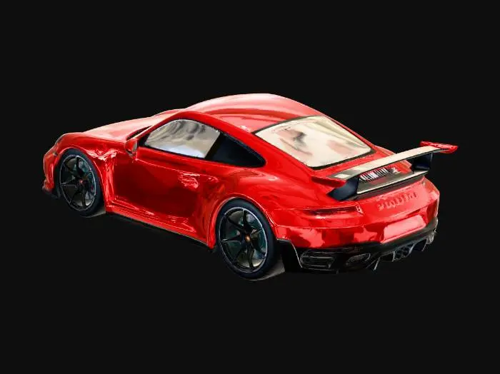 3D model for Ultra-detailed realistic 2023 Porsche 911 GT3 sports car, glossy racing red paint, aerodynamic body kit, large fixed rear wing, aggressive front bumper with air intakes, carbon fiber diffuser, LED headlights, low stance, wide tires, black forged rims, high detail brake calipers, realistic proportions, photorealistic materials, sharp panel gaps, smooth curved surfaces, detailed interior visible through glass, studio lighting, clean topology, optimized geometry, game-ready, PBR textures, high quality reflections, realistic shadows, symmetrical design, no background, centered object, high detail model