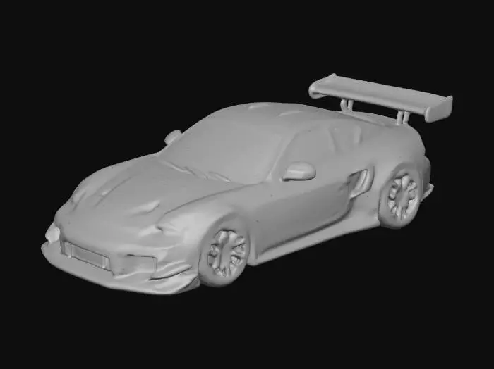3D model for Ultra-detailed realistic 2023 Porsche 911 GT3 sports car, glossy racing red paint, smooth solid surface finish (non-metallic, non-glassy), aerodynamic body kit, large fixed rear wing, aggressive front bumper with air intakes, carbon fiber diffuser, LED headlights, low stance, wide tires, black forged rims, high detail brake calipers, realistic proportions, photorealistic materials, sharp panel gaps, smooth curved surfaces, detailed interior visible through windows, studio lighting, clean topology, optimized geometry, game-ready, PBR textures, high quality reflections, realistic shadows, symmetrical design, no background, centered object, high detail model