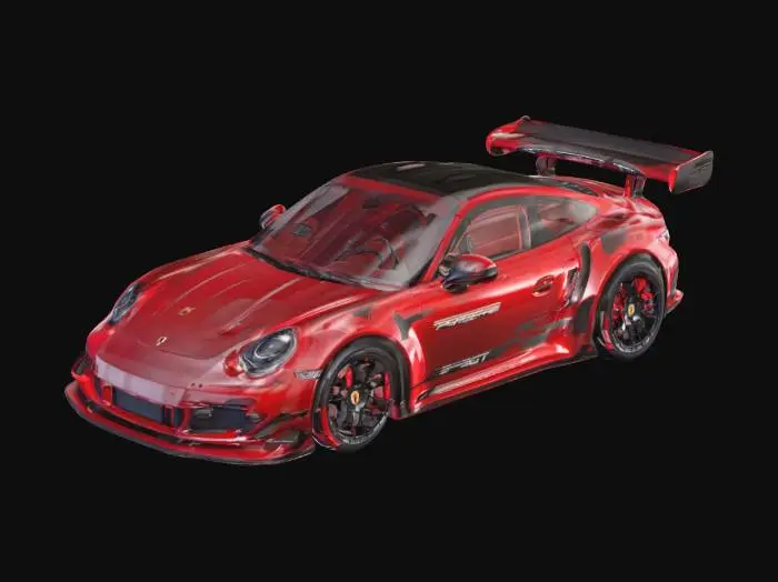 3D model for Ultra-detailed realistic 2023 Porsche 911 GT3 sports car, glossy racing red paint, smooth solid surface finish (non-metallic, non-glassy), aerodynamic body kit, large fixed rear wing, aggressive front bumper with air intakes, carbon fiber diffuser, LED headlights, low stance, wide tires, black forged rims, high detail brake calipers, realistic proportions, photorealistic materials, sharp panel gaps, smooth curved surfaces, detailed interior visible through windows, studio lighting, clean topology, optimized geometry, game-ready, PBR textures, high quality reflections, realistic shadows, symmetrical design, no background, centered object, high detail model