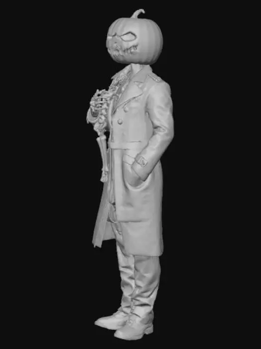 3D model for #Halloween2025#, spooky, pumpkin head, man, 1man, good resolution, scary, trench coat, skeleton