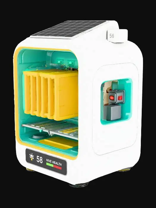 3D model for Futuristic Beehive Device “Create a clean, minimal 3D model of a futuristic smart beehive with a fully visible interior. Exterior uses smooth white composite with yellow accents, roof-mounted solar panels, and a compact 5G module. The transparent front panel reveals a colored interior featuring warm golden-yellow honeycomb frames, soft teal and blue lighting for AI and sensor systems, green health-indicator LEDs, and a red warning light near the infection-monitoring unit. Include silver/grey automatic honey-collection tracks, orange-lined self-cleaning floor, AI processor, solar battery, mite-treatment port, and a simple LED display showing bee count, hive health, and infection alerts. Mark the price: $1,400 retail or $400 with investors.”