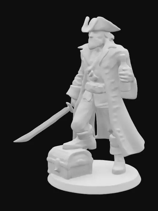 3D model for A detailed 3D rendering of a pirate figurine holding a sword in one hand and a bottle of rum in the other, The pirate has a rugged appearance with a tricorn hat, an eye patch, and a long coat with detailed textures. The pose is dynamic, with one foot resting on a treasure chest. The hands and arms are carefully detailed and proportional, ensuring a natural grip on the sword and bottle. The figurine is set in a neutral background suitable for focusing on the details of the 3D design. 