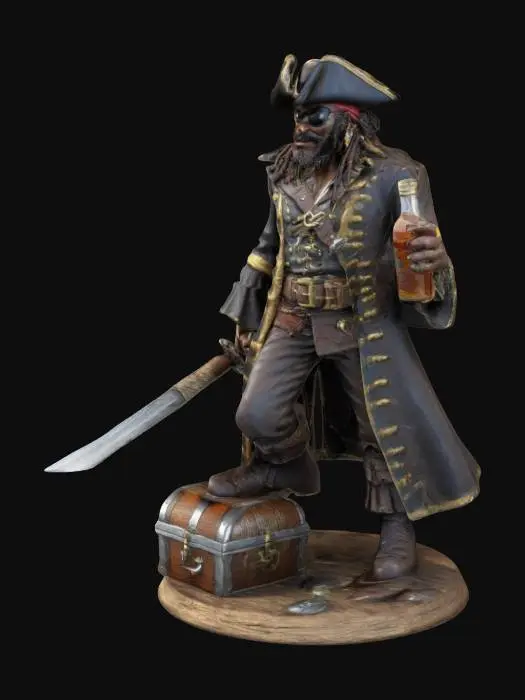 3D model for A detailed 3D rendering of a pirate figurine holding a sword in one hand and a bottle of rum in the other, The pirate has a rugged appearance with a tricorn hat, an eye patch, and a long coat with detailed textures. The pose is dynamic, with one foot resting on a treasure chest. The hands and arms are carefully detailed and proportional, ensuring a natural grip on the sword and bottle. The figurine is set in a neutral background suitable for focusing on the details of the 3D design. 
