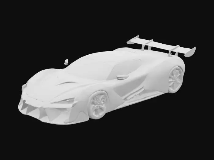 3D model for A concept hypercar, "The Vulcan". Low, wide body with aggressive aerodynamics and sharp, angular lines. The main color is a glossy metallic red, with exposed carbon fiber elements on the hood, spoiler, and diffuser. Slim Y-shaped laser headlights. Massive side air intakes. A large active rear wing. Black multi-spoke alloy wheels with red brake calipers. Style: photorealistic, concept art, highly detailed, sleek, PBR materials, 8K.