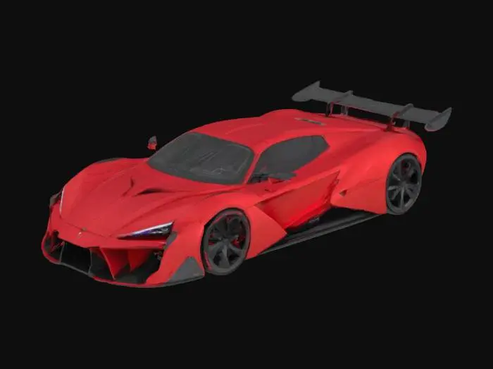 3D model for A concept hypercar, "The Vulcan". Low, wide body with aggressive aerodynamics and sharp, angular lines. The main color is a glossy metallic red, with exposed carbon fiber elements on the hood, spoiler, and diffuser. Slim Y-shaped laser headlights. Massive side air intakes. A large active rear wing. Black multi-spoke alloy wheels with red brake calipers. Style: photorealistic, concept art, highly detailed, sleek, PBR materials, 8K.