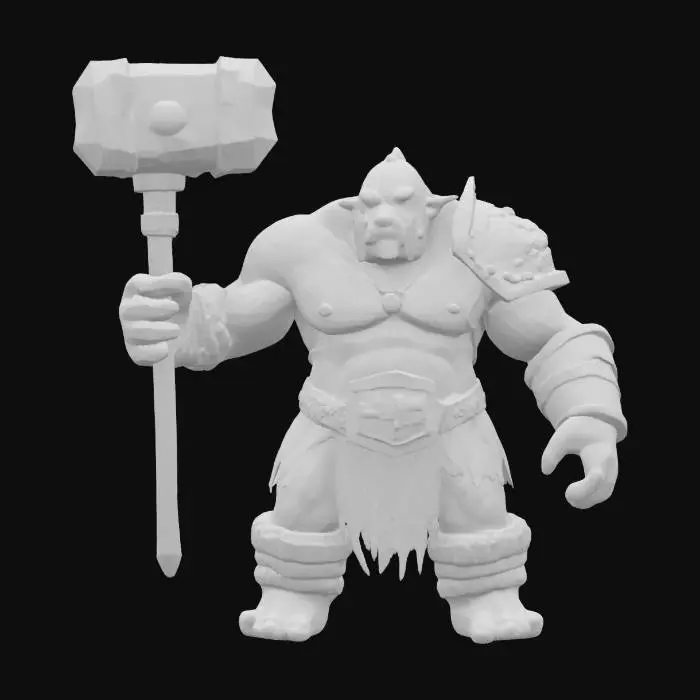 3D model for An orc warrior in a perfect, symmetrical T-Pose, holding a beautiful warhammer in his right hand. Both arms are extended straight out to the sides horizontally. He holds the hammer effortlessly as if it has no weight, maintaining the perfect pose.
The warhammer is made of meteoric iron with glowing blue crystal inlays. The orc is muscular, with grey skin and tusks. Wearing simple leather and metal armor. Symmetrical 3D model, game-ready character. Style: realistic fantasy, highly detailed, PBR materials.