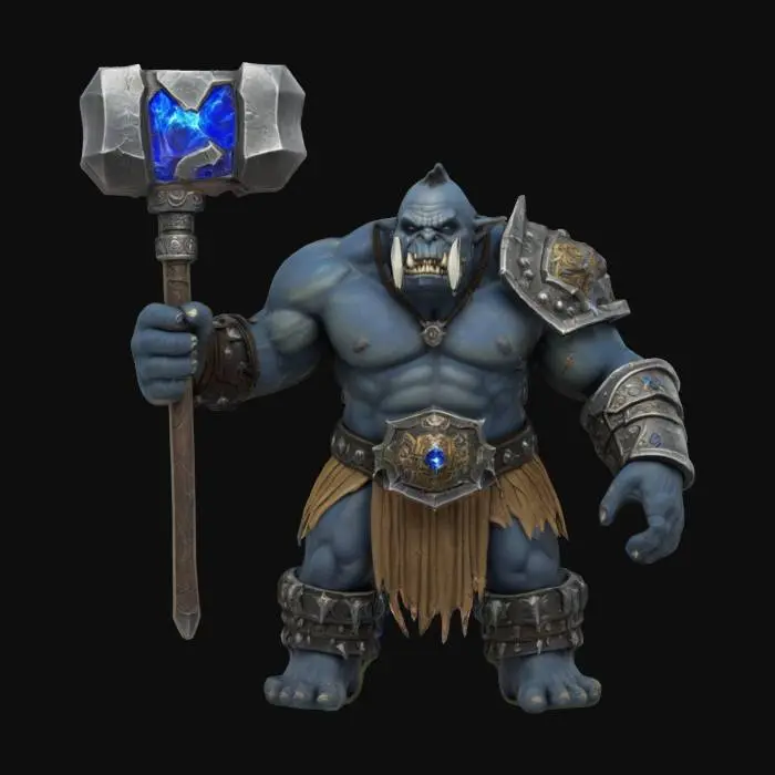 3D model for An orc warrior in a perfect, symmetrical T-Pose, holding a beautiful warhammer in his right hand. Both arms are extended straight out to the sides horizontally. He holds the hammer effortlessly as if it has no weight, maintaining the perfect pose.
The warhammer is made of meteoric iron with glowing blue crystal inlays. The orc is muscular, with grey skin and tusks. Wearing simple leather and metal armor. Symmetrical 3D model, game-ready character. Style: realistic fantasy, highly detailed, PBR materials.