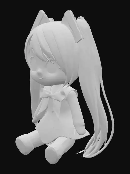 3D model for blue-white plushy doll Hatsune Miku, button-eyed, in a dress, sitting on a table