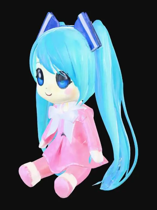 3D model for blue-white plushy doll Hatsune Miku, button-eyed, in a dress, sitting on a table