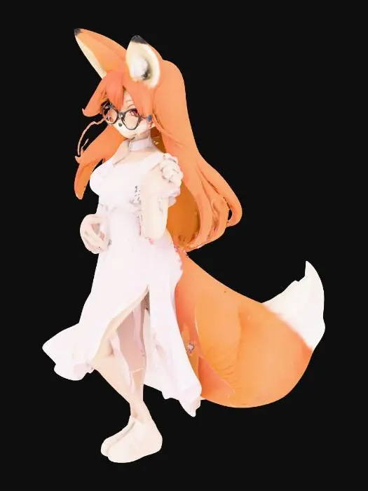 3D model for A semi anime anthropomorphic red fox female with exaggerated proportions, wearing a blouse and round glasses, with long hair and an overflowing bust