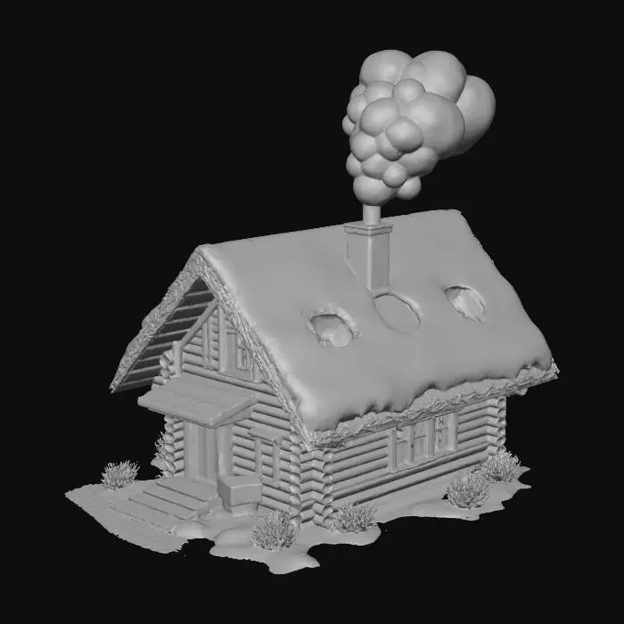 3D model for A small wooden house in the mountains(1910 japanese), snow around, smoke from the chimney — a peaceful but mysterious environment.