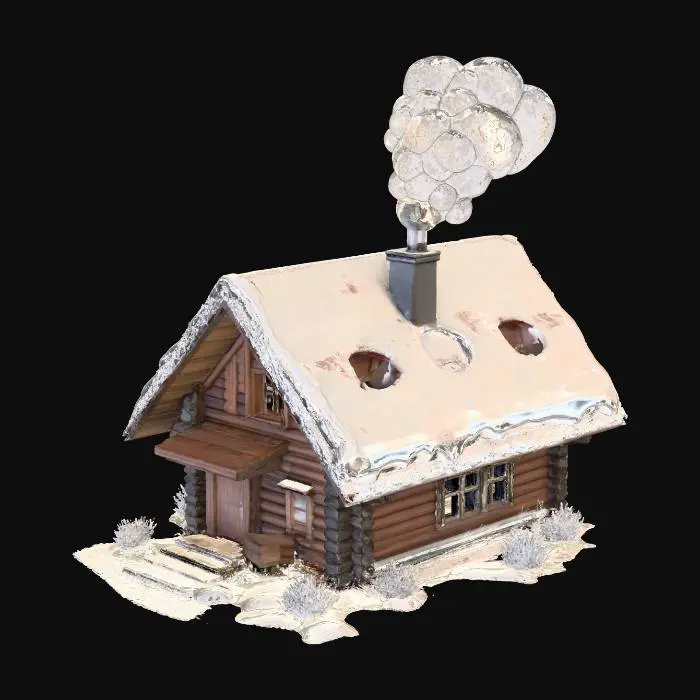 3D model for A small wooden house in the mountains(1910 japanese), snow around, smoke from the chimney — a peaceful but mysterious environment.