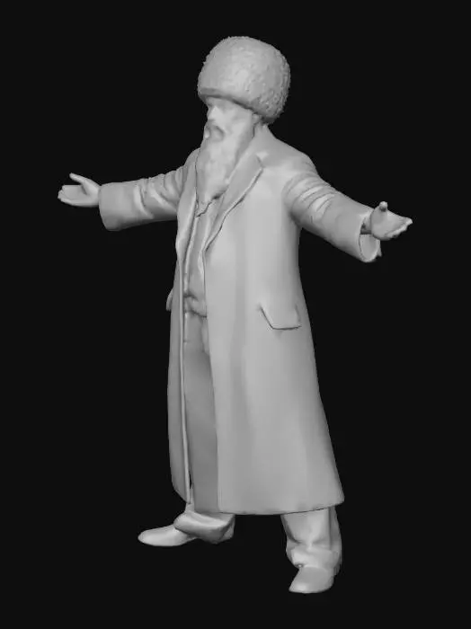 3D model for Full-body 18th-century Orthodox Jewish rabbi in T-pose, ultra-realistic and rig-ready. Elderly man with wise, gentle eyes and long gray beard. Wearing authentic black silk bekishe with fine folds, white shirt, gartel sash, and fur shtreimel hat. Leather shoes, natural body proportions, realistic skin detail, clean topology and UVs. PBR textures for fabric, fur, and leather under neutral studio lighting, dignified calm pose.

Negative Prompt:

fantasy, modern clothing, stylized, cartoon, blurry, low-poly, exaggerated anatomy.