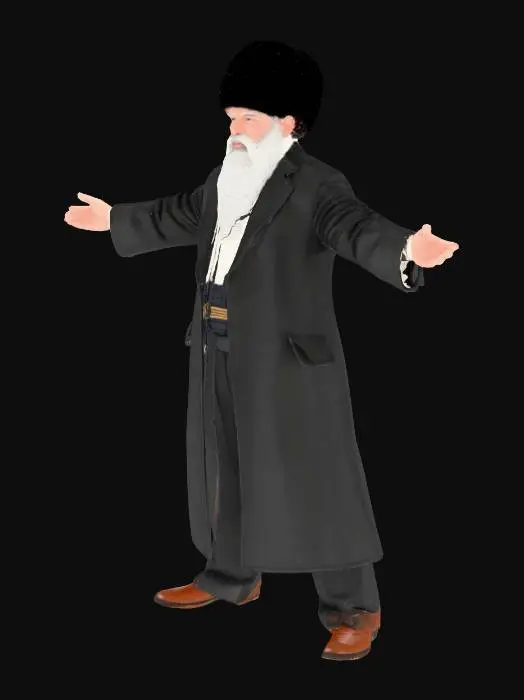 3D model for Full-body 18th-century Orthodox Jewish rabbi in T-pose, ultra-realistic and rig-ready. Elderly man with wise, gentle eyes and long gray beard. Wearing authentic black silk bekishe with fine folds, white shirt, gartel sash, and fur shtreimel hat. Leather shoes, natural body proportions, realistic skin detail, clean topology and UVs. PBR textures for fabric, fur, and leather under neutral studio lighting, dignified calm pose.

Negative Prompt:

fantasy, modern clothing, stylized, cartoon, blurry, low-poly, exaggerated anatomy.