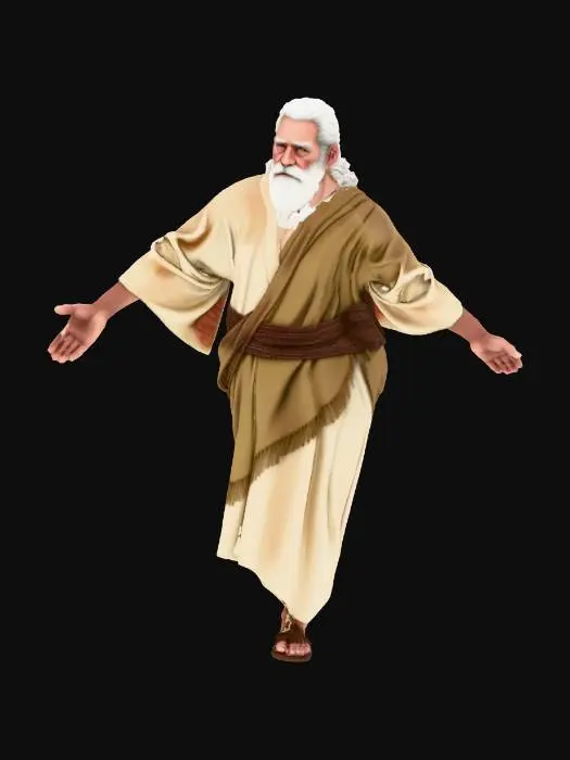 3D model for Full-body 3D model of Moses from the Passover story, ultra-realistic and rig-ready in T-pose. Elderly man with strong features, flowing white beard and hair, wearing ancient Hebrew desert robes in earth tones, a woven mantle, and leather sandals. Weathered skin, wise expression, natural proportions, clean topology for animation, PBR textures for fabric, wood, and skin under neutral lighting.

Negative Prompt:

cartoon, fantasy armor, modern clothing, blurry, stylized, low-poly, exaggerated body.