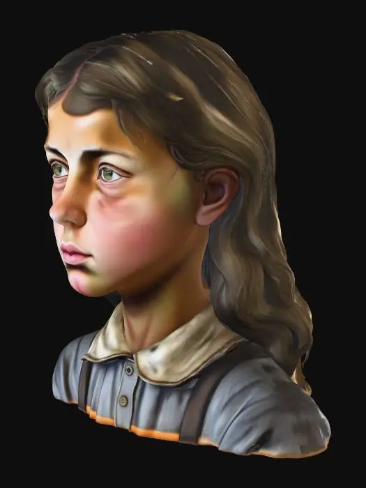 3D model for Full-body 3D model of a young Jewish girl from the 1940s Holocaust era, realistic and rig-ready in T-pose. About 12 years old, pale skin, thin frame, long brown hair, gentle but somber expression. Wearing simple worn clothing — gray dress, faded shirt collar, dark shoes. Subtle dirt and fabric wear for realism. PBR textures for fabric, skin, and hair under soft neutral lighting. Natural proportions, clean topology and UVs for animation, respectful and historically accurate tone.

Negative Prompt:

modern clothes, cartoon, fantasy, bright colors, stylized, low-poly, smiling.