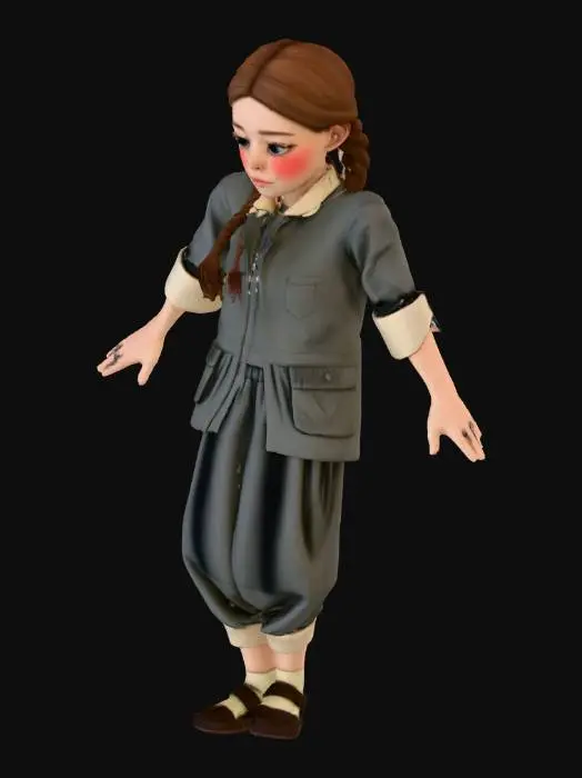 3D model for Full-body realistic 3D model of a young Jewish girl from the 1940s Holocaust era, realistic and rig-ready in T-pose. About 12 years old,  thin frame, long brown hair, gentle but somber expression. Wearing simple worn clothing — gray dress, faded shirt collar, dark shoes. Subtle dirt and fabric wear for realism. PBR textures for fabric, skin, and hair under soft neutral lighting. Natural proportions, clean topology and UVs for animation, respectful and historically accurate tone. Her legs should be further apart for appropriate rigging,

Negative Prompt:

modern clothes, cartoon, fantasy, bright colors, stylized, low-poly, smiling.