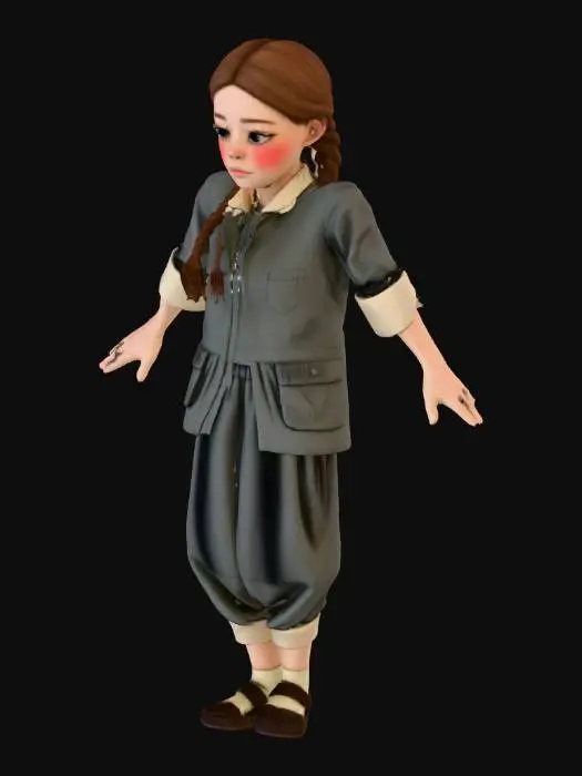 3D model for Full-body realistic 3D model of a young Jewish girl from the 1940s Holocaust era, realistic and rig-ready in T-pose. About 12 years old,  thin frame, long brown hair, gentle but somber expression. Wearing simple worn clothing — gray dress, faded shirt collar, dark shoes. Subtle dirt and fabric wear for realism. PBR textures for fabric, skin, and hair under soft neutral lighting. Natural proportions, clean topology and UVs for animation, respectful and historically accurate tone. Her legs should be further apart for appropriate rigging,

Negative Prompt:

modern clothes, cartoon, fantasy, bright colors, stylized, low-poly, smiling.
