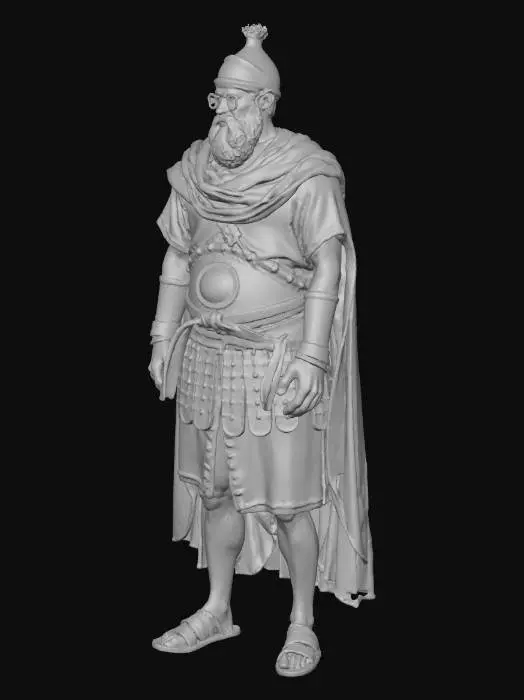 3D model for A realistic 3D model of a Maccabee warrior he wears 2nd-century BCE Judean attire: linen tunic, wool cloak, leather belt, sandals, and light lamellar armor with a simple metal or leather helmet. Include forearm bracers and a sword or short spear on the belt. Give him Semitic features, short beard, tied-back hair. Use clean topology, PBR textures, and correct proportions. Mesh must be fully enclosed/manifold for 3D printing.