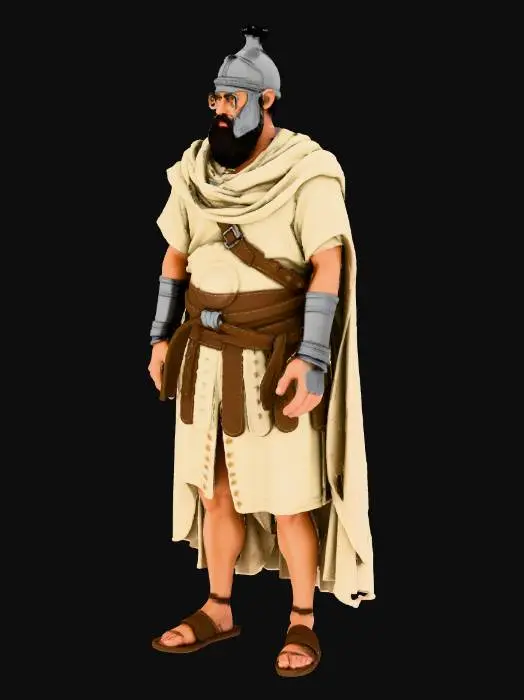3D model for A realistic 3D model of a Maccabee warrior he wears 2nd-century BCE Judean attire: linen tunic, wool cloak, leather belt, sandals, and light lamellar armor with a simple metal or leather helmet. Include forearm bracers and a sword or short spear on the belt. Give him Semitic features, short beard, tied-back hair. Use clean topology, PBR textures, and correct proportions. Mesh must be fully enclosed/manifold for 3D printing.