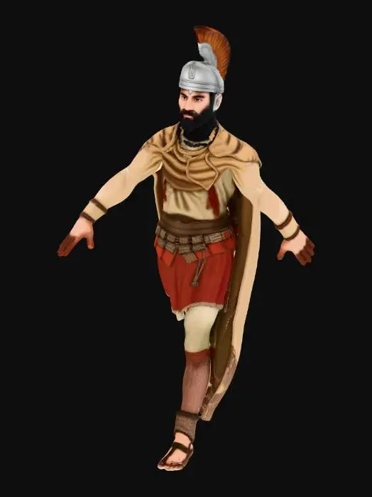 3D model for A realistic 3D model of a Maccabee warrior he wears 2nd-century BCE Judean attire: linen tunic, wool cloak, leather belt, sandals, and light lamellar armor with a simple metal or leather helmet. Include forearm bracers and a sword or short spear on the belt. Give him Semitic features, short beard, tied-back hair. Use clean topology, PBR textures, and correct proportions. Mesh must be fully enclosed/manifold for 3D printing.