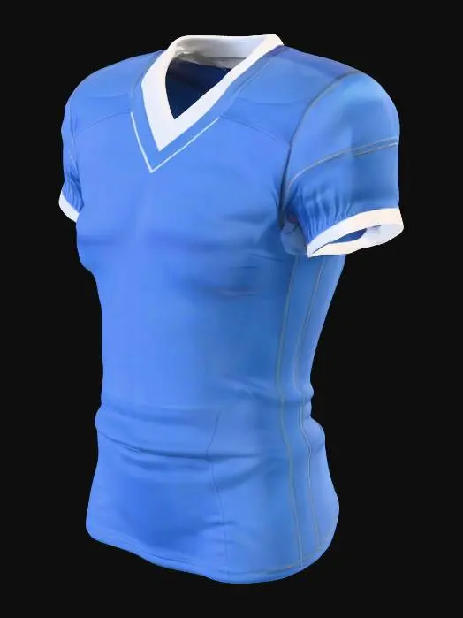 3D model for A blue and white American football home jersey worn over shoulder pads, with a modern athletic design. The front displays the number 6 in bold white font and the word 'Admirals' across the chest. The jersey includes subtle white trim along the shoulders and sleeves. Designed for Harbor High School, featuring a competitive high school football aesthetic. Game-ready, padded, realistic stitching, and mesh fabric detail.