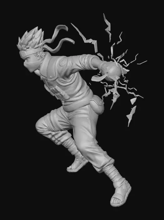 3D model for 一个旗木卡卡西3D模型，身着标志性的木叶忍者服，左眼写轮眼开启。他右手前伸，掌心凝聚着高密度雷电查克拉，形成一道耀眼且锐利的蓝色雷切，电流细节清晰可见，闪烁着强大能量。雷切的蓝色电光与他手臂周围的空气形成强烈对比，服装褶皱和飘动的护额细节丰富，整体呈现出极速突进和致命一击的战斗姿态。雷切在手里是闪电状的，不是球状的