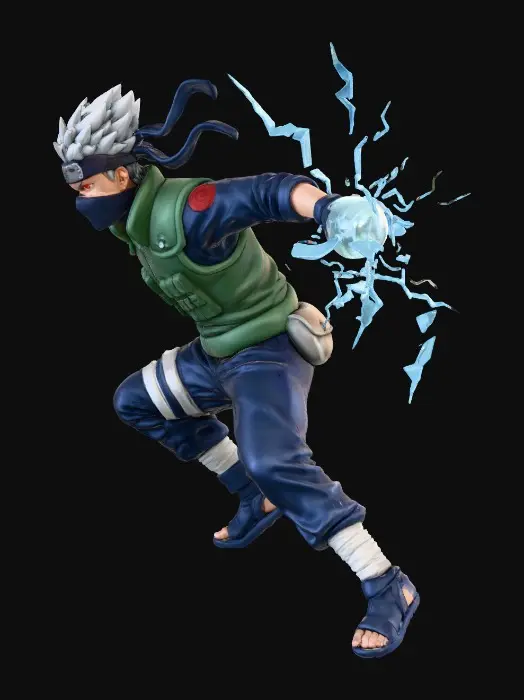 3D model for 一个旗木卡卡西3D模型，身着标志性的木叶忍者服，左眼写轮眼开启。他右手前伸，掌心凝聚着高密度雷电查克拉，形成一道耀眼且锐利的蓝色雷切，电流细节清晰可见，闪烁着强大能量。雷切的蓝色电光与他手臂周围的空气形成强烈对比，服装褶皱和飘动的护额细节丰富，整体呈现出极速突进和致命一击的战斗姿态。雷切在手里是闪电状的，不是球状的