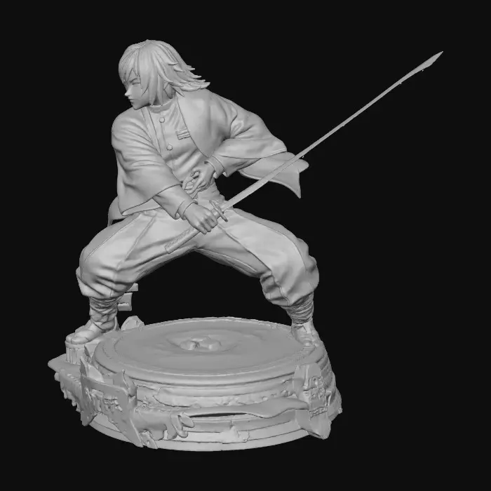 3D model for 一个细节丰富的富冈义勇3D模型，他穿着经典的半边红半边花纹羽织，羽织的布料细节和褶皱自然，展现出真实的物理效果。鬼杀队制服的深蓝色调与羽织形成鲜明对比，制服材质略显厚重。他的黑色头发柔顺，眼神深邃，日轮刀的刀镡为金属质感，刀身的水波纹理清晰可见，刀刃锋利，整体呈现出一种沉稳而强大的战斗姿态。