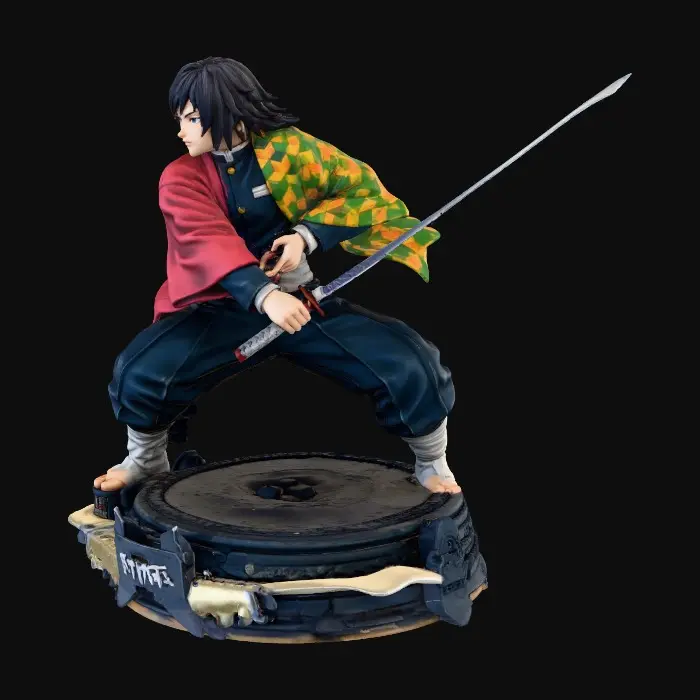 3D model for 一个细节丰富的富冈义勇3D模型，他穿着经典的半边红半边花纹羽织，羽织的布料细节和褶皱自然，展现出真实的物理效果。鬼杀队制服的深蓝色调与羽织形成鲜明对比，制服材质略显厚重。他的黑色头发柔顺，眼神深邃，日轮刀的刀镡为金属质感，刀身的水波纹理清晰可见，刀刃锋利，整体呈现出一种沉稳而强大的战斗姿态。