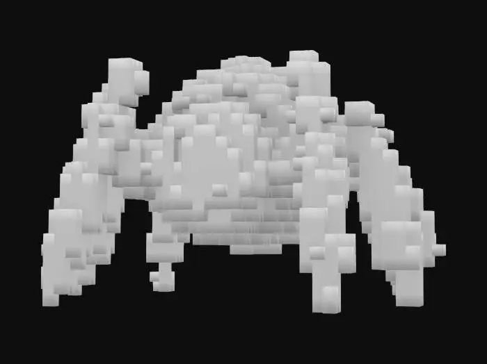 3D model for Generate a friendly, cute mechanical spider‑like robot with four smooth, rounded legs (each leg ending in four tiny articulated toes). Its body resembles a tarantula’s silhouette but with soft, rounded volumes. The front “faceplate” is transparent glass showing expressive digital eyes and a smiling mouth. Constructed from overlapping metal plates and exposed brass gears, with small warm‑amber LEDs clustered above its thorax. Style: cartoon, painterly finish, soft diffused lighting, pastel palette with silver.